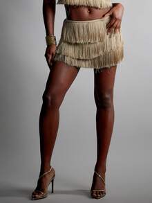 Hauture Sexy Party Night Out Low Rise Tiered Fringed Skort - Gold - View 1