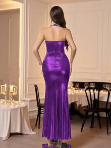 Coutiva Women's Rhinestone & Faux Pearl Decor Ruched Formal Evening Gown,Elegant Purple Velvet Sequin Floral Dress For Wedding,Dinner Party & Graduation Ball - Purple - View 2