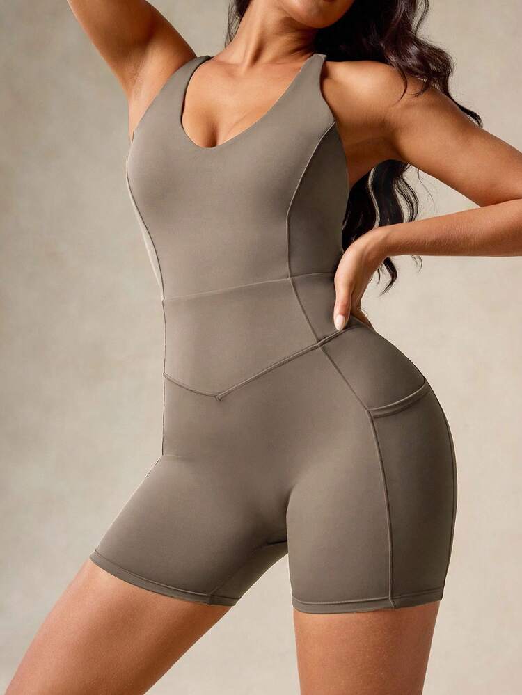 OutZeal Women Sports Jumpsuit Cycling Gym Outfit Summer Tummy Control Sweat Wicking Bra-In Backless Design - Khaki - View 8