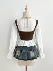 Elamini 女士春秋季休闲时尚街头风度假风方领荷叶袖系带修身衬衫 - 白色 - 查看 2