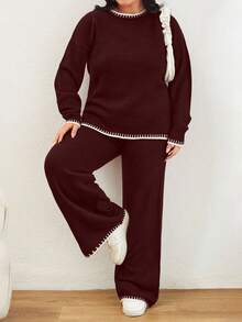 Color Block Edged Long Sleeve Sweater And Knitted Pants Two Pieces Set - Burgundy - View 5