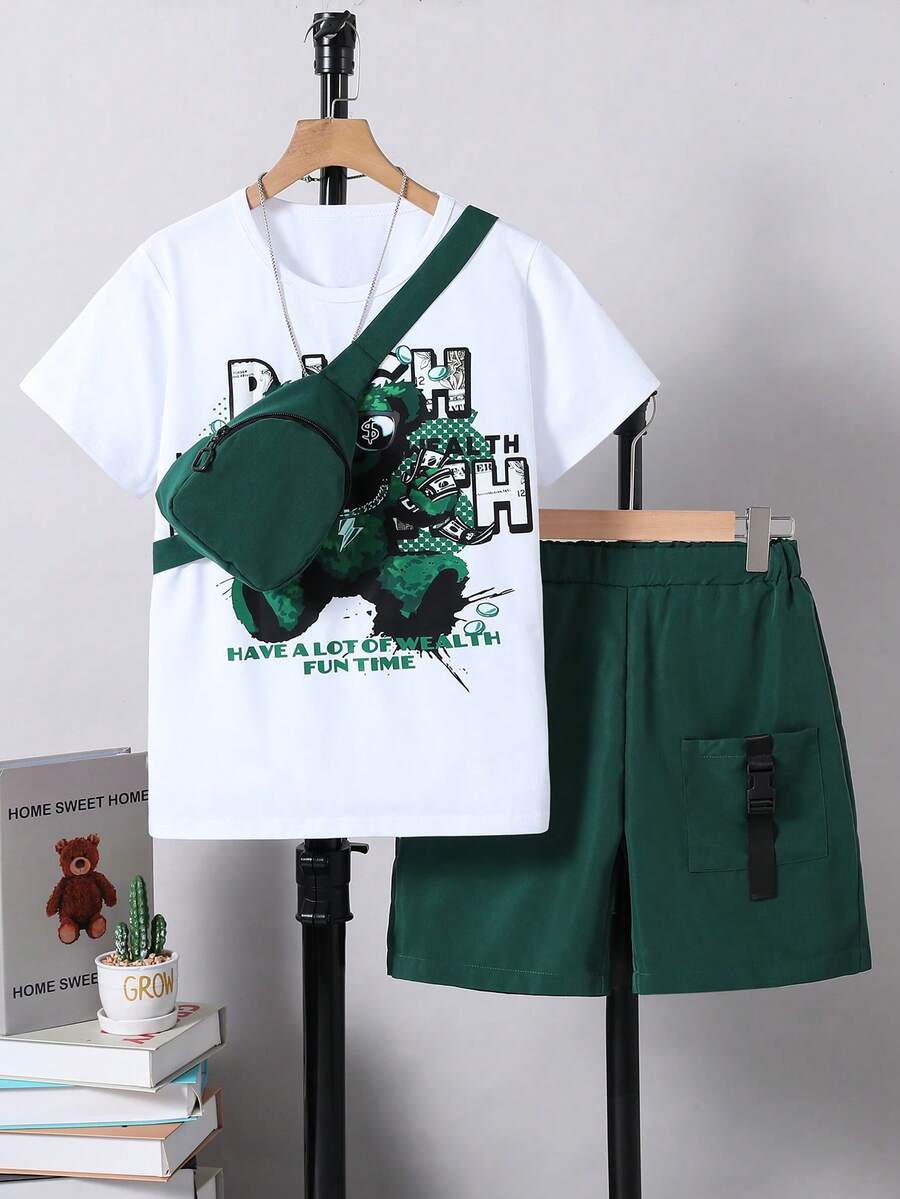 3pcs/Set Boys' Cute Bear Print T-Shirt, Cargo Shorts With Pockets, And Mini Crossbody Bag, Spring/Summer - Dark Green - View 1