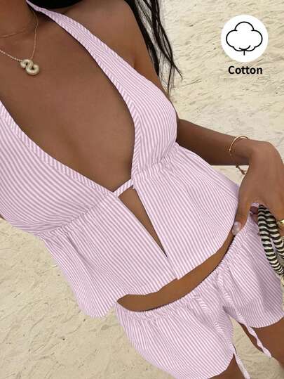 Sunnyshic Blue & White Striped Linen Deep V Backless Camisole With Drawstring Waistband And Casual Loose Shorts Set, Sexy & Elegant Summer Beach Vacation Outfit For Women