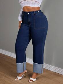 SHEIN CURVE+ جينز نسائي بحجم كبير ربيعي أزرق مع مرونة، حافة ممزقة، قصة ضيقة - أزرق داكن - مشاهدة 5