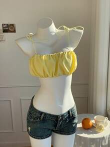 Comfortcana Áo hai dây xếp ly ngắn thời trang màu trơn cho nữ, mùa hè - Màu vàng - Xem 3