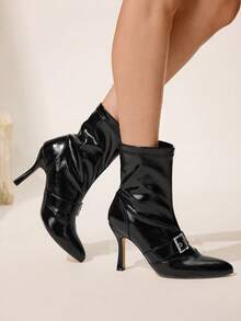 CUCCOO CHICEST Women's Casual Buckle Decor Mid-Calf Boots, Minimalist Style For Autumn/Winter For Christmas - Black - View 5