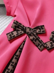 女婴休闲夏季撞色蝴蝶结装饰圆领短袖连衣裙 - 玫紅色 - 查看 5