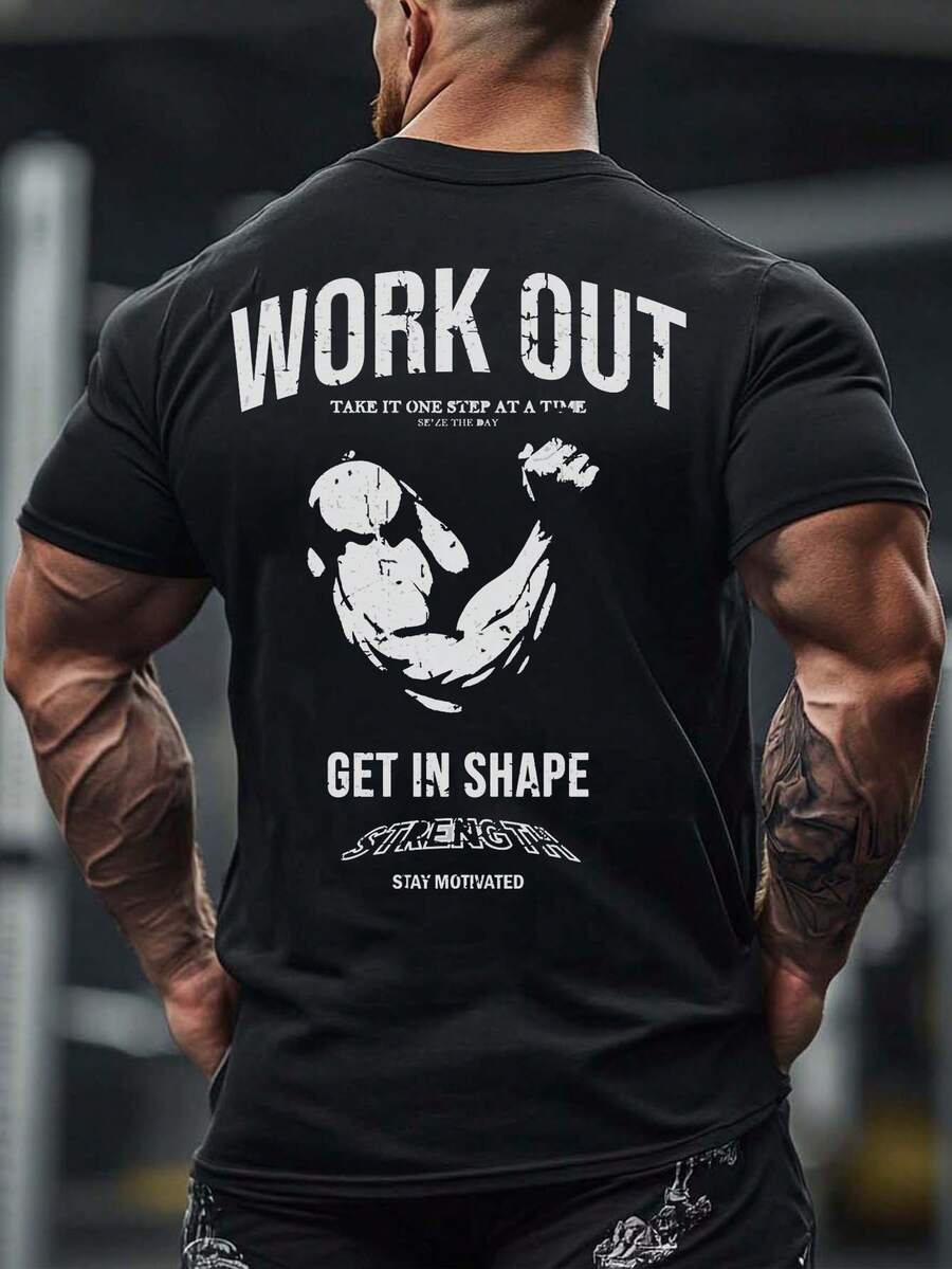 GymBeat Áo thun thể thao tay ngắn in chữ thường ngày cho nam - màu đen - Xem 1