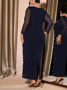 Cravure 大码优雅仿珍珠装饰方领连衣裙，秋季 - 寶藍色 - 查看 2