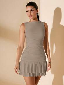 SHEIN BAE Women's Sleeveless Solid Color White Tight Ruched Mini Double-Layer Ruched Dress, Suitable For Summer, Autumn And Winter - Grey - View 6