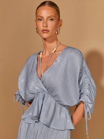 COSMINA סט שני חלקים אלגנטי לנשים עם צווארון V עמוק, מותן צמוד, שרוולים ארוכים, רב-תכליתי לחגים, נסיעות, לבוש משרדי