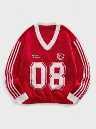 Herren V-Ausschnitt gestreifter Pullover mit gestickten Zahlen & Buchstaben, Langarm Lässig Pullover für Herbst/Winter