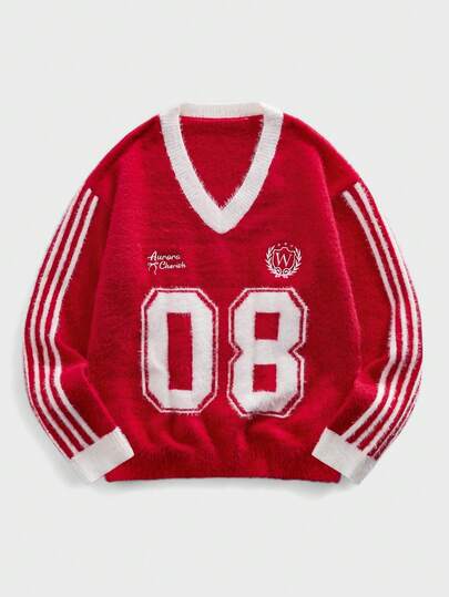 Herren V-Ausschnitt gestreifter Pullover mit gestickten Zahlen & Buchstaben, Langarm Lässig Pullover für Herbst/Winter