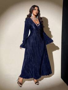 Viva Relle Vestido elegante de fiesta con cuello en V, mangas acampanadas y lazo delantero para mujer de talla grande - Azul - Ver 4
