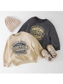 THE HAPPY LOOK 2pcs/Set Boys' Letter Graphic Soft Knit Crew Neck Long Sleeve Pullover Pullover Sweatshirt Boy Fall Clothes Boy Winter Set