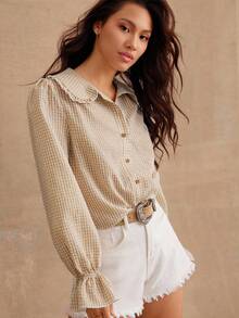 WESTFADE Spring Gingham Checkered Plaid Ruffle Collar Long Sleeve Button Up Shirt