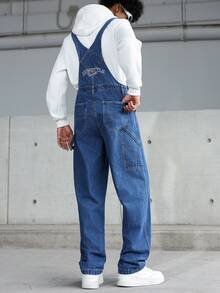 Manfinity Hypemode 男士休闲多口袋胸部护具牛仔背带裤，街头风 - 中等水洗藍 - 查看 2