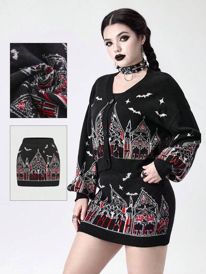 Goth Gonna aderente a mini in maglia con motivo gotico di castello, palazzo e chiesa