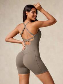 OutZeal Mono deportivo para mujer, conjunto de ciclismo y gimnasio de verano con control de abdomen, tela transpirable y diseño sin espalda - Caqui - Ver 7