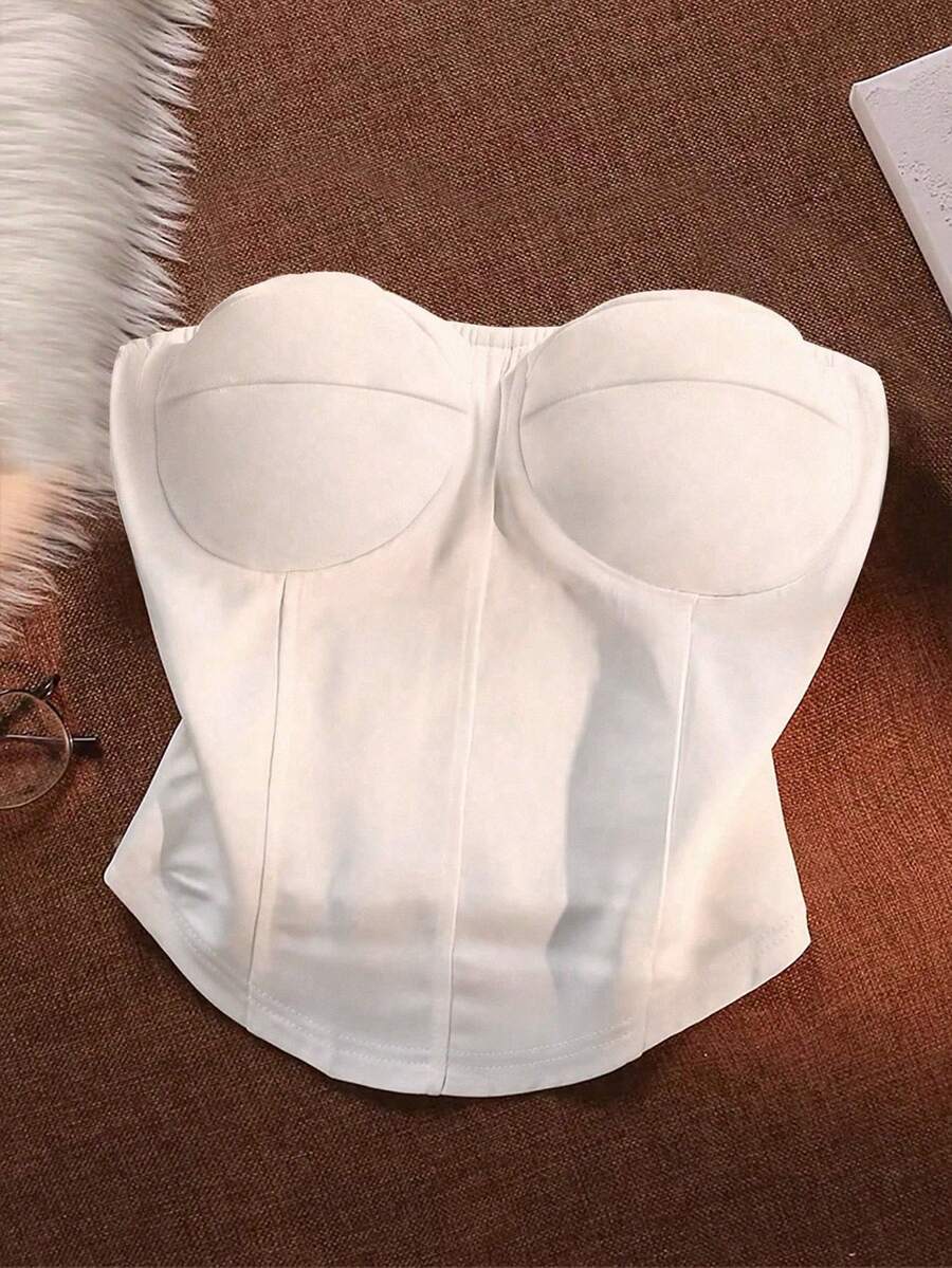 SHEIN Clasi 大码纯色露肩短款休闲百搭女式上衣 - 白色 - 查看 1