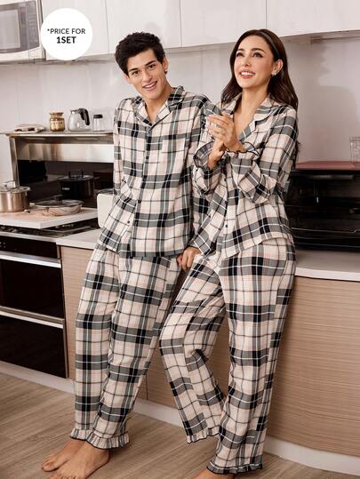 SHEIN Men's Casual Plaid Print Ruffle Trim Long Sleeve Pajama Set