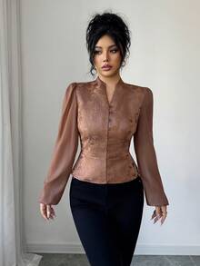 Elenzga Women's Winter Blouse, Textured Fabric Patchwork Elegant Top, Suitable For Christmas, Halloween, New Year, Thanksgiving, Teacher's Day