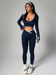 Dewbera 2pcs/Set Women Seamless Contrast Color Sports Set Navy Workout Set Athletic Two Piece Set Active Two Piece Set Gym Two Piece Set Workout Legging Two Piece Set - Navy Blue - View 1