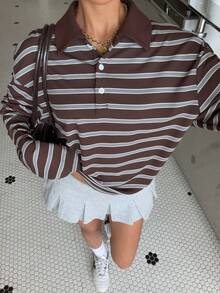 Muchica Brown Striped Knit Casual Women Long Sleeve T-Shirt - Coffee Brown - View 6