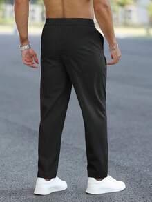 Manfinity Homme Men's Solid Color Drawstring Waist Pockets Straight Leg Casual Pants - Black - View 2