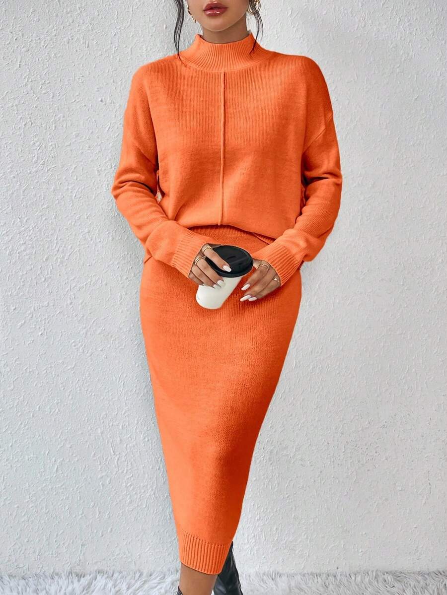 RosyDaze Women's Solid Color Turtleneck Casual Knit Long Sleeve Top And Skirt 2-Piece Set - Orange - View 1