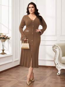 Modelyn Plus Size Elegant Bell Sleeve Knit Dress, Suitable For Commuting In Fall/Winter - Camel - View 5
