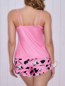 SweetSlumber Conjunto de pijama feminino com estampa de vaca fofa de desenho animado e laço para o Dia dos Namorados - Rosa - Ver 2