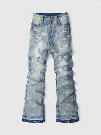 Jeans casual con vestibilità ampia, decorati con strass e effetto vissuto sulle tasche, per uomo