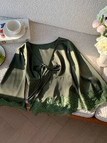 Comfortcana Elegant Army Green Women's V-Neck Bow Tie Waist Flare Sleeve Lace Patchwork Shirt,Autumn Tea Party Casual Satin Y2K Christmas New Year Winter Clothes - Green - View 4