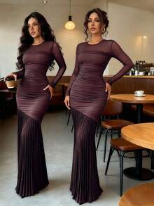 Rafferiza Damen elegantes figurbetontes Kleid mit rundem Ausschnitt, einfarbig, Langarm, Strick-Mesh-Patchwork, plissierter Saum