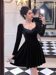 DAZY Women's Solid Color Sweetheart Collar Regular Shoulder Puff Sleeve Elegant Waist-Cinched Mid-Length Dress Prom Dress