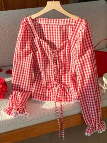 Comfortcana 女士秋季甜美格子系带心形领衬衫 - 紅色 - 查看 4