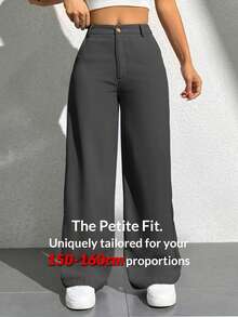 SHEIN PETITE 女士纯色口袋宽腿宽松休闲裤 - 深灰色 - 查看 8