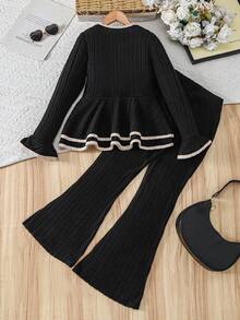 Sparklyn Girls' Spring/Autumn Flare Sleeve Top And Pants Casual Street Fashion Suit - Black - View 2