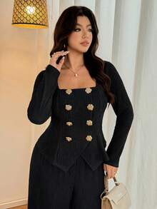 Vionelle 大码秋冬双排扣金属玫瑰装饰上衣，弹力腰带针织纹理长款休闲优雅户外、约会、派对、通勤两件套女装 - 黑色 - 查看 4