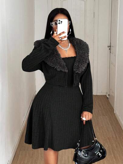 Maweii 2pcs/Set Plus Size Elegant Furry V-Neck Knit Camisole Dress