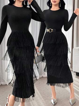 Feyla Elegant Tassel Decor Women's Round Neck Long Sleeve Fitted Dress Fringe Dress Black Fringe Skirt Long Sleeve Elegant Dress Fringe Outfits Women Tassel Dress Christmas Dresses For Women,Dresses For Women Elegant,Black Dress