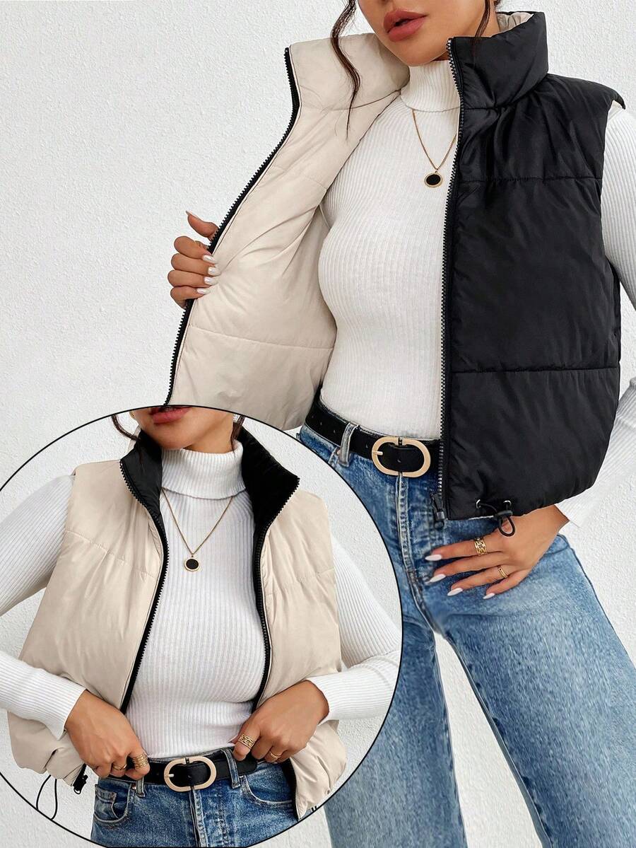 SHEIN Frenchy 女士无袖拉链休闲夹棉外套 - 黑色 - 查看 1