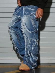 Manfinity EMRG 男士休闲街头风拼接毛边蓝色牛仔裤 - 中等水洗藍 - 查看 7