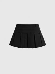 ROMWE Váy mini xếp ly phong cách Gothic cạp thấp trang trí chữ thập thời trang nữ - màu đen - Xem 2