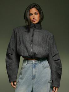 Denimoi Elastic Waist High Neck Cropped Zip Front Herringbone Jacket - Black and White - View 4