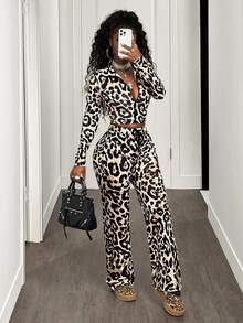 BamGleam Women's Leopard Print Casual Outfit, Suitable For Daily Wear, Western Wear, Music Festivals, Concerts, Carnivals, Outings, Beach Vacations, Layered, Holidays, Gyaru Style, Weekends, Celebrations, Elegant - Multicolor - View 5