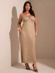 SHEIN BAE Đầm dài đính đá lấp lánh cỡ lớn cho nữ, Đầm dự tiệc - Màu Khaki - Xem 6