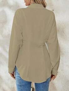 Chiquease Bluză albă pentru femei, elegantă, casual, cu talie strânsă, cu mânecă lungă și pliuri, potrivită pentru serviciu și școală - Cămilă - Vizualizare 2