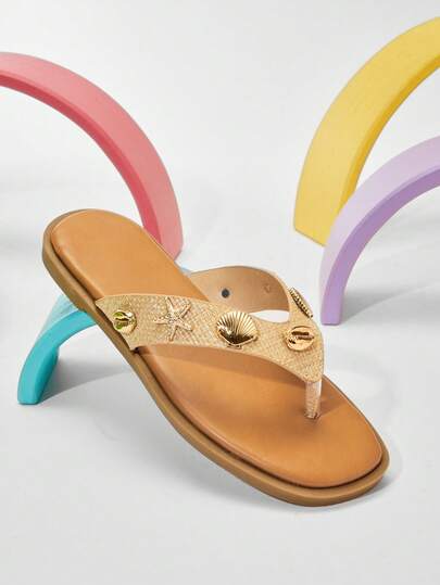 Mini mi #OceanBreeze Girls' Metallic Shell & Starfish Decor Raffia Flip-Flops– Beachy, Chic & Comfy.